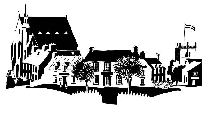 Black and white image of medieval town cross