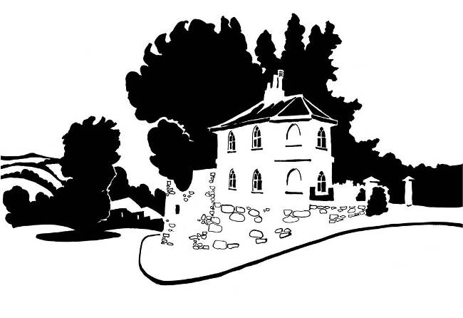 Black and white image of toll house on a hill