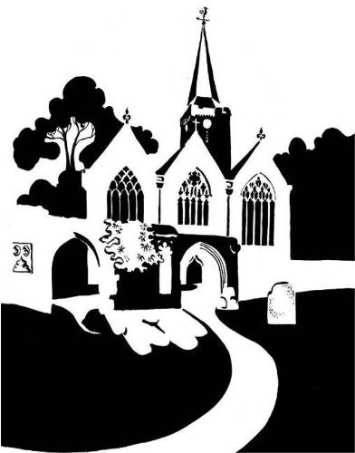 Black and white image of three-gabled church with tower