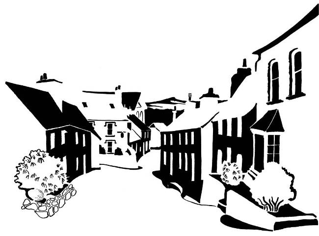 Black and white image of village street with pointed hill in background