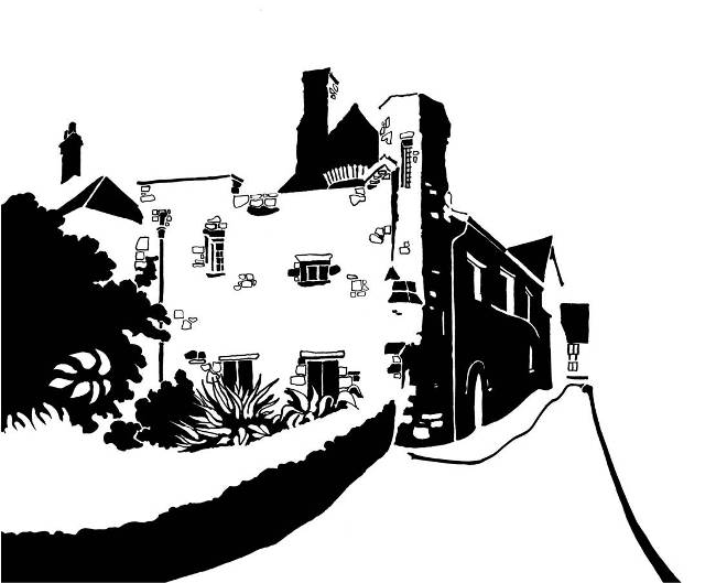 Black and white image of medieval stone building on narrow lane