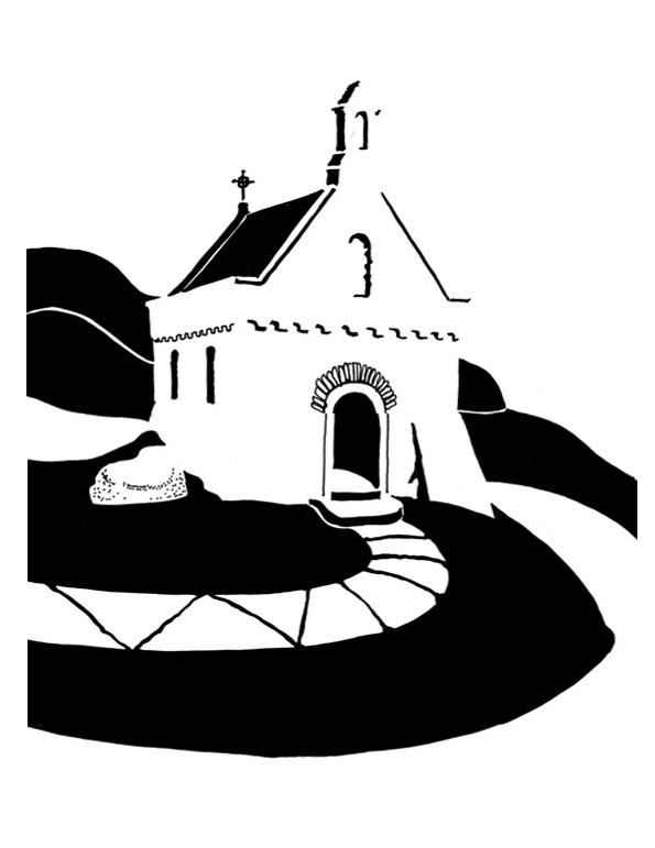 Black and white image of tiny seaside chapel