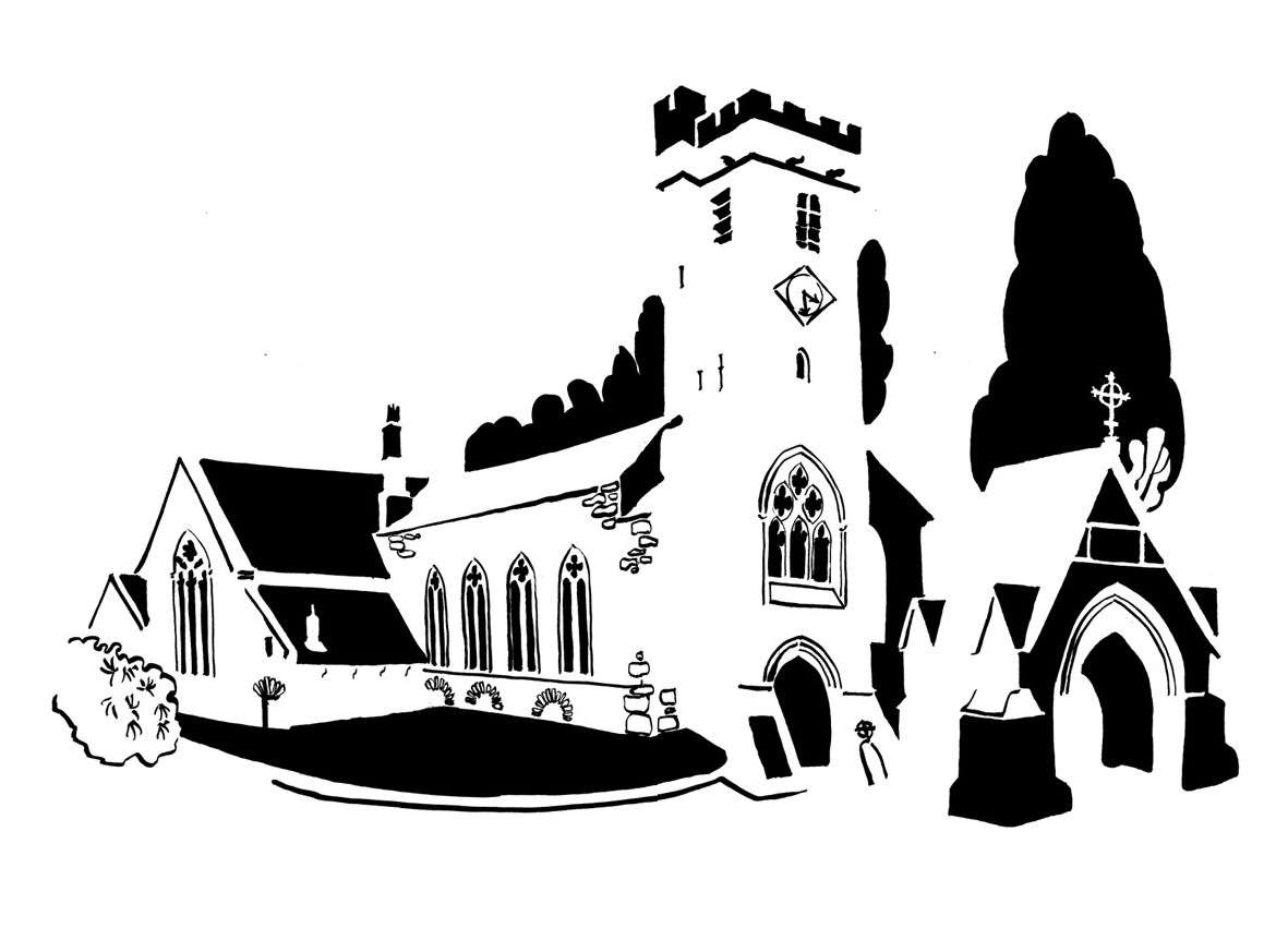 Black and white image of long church and gatehouse
