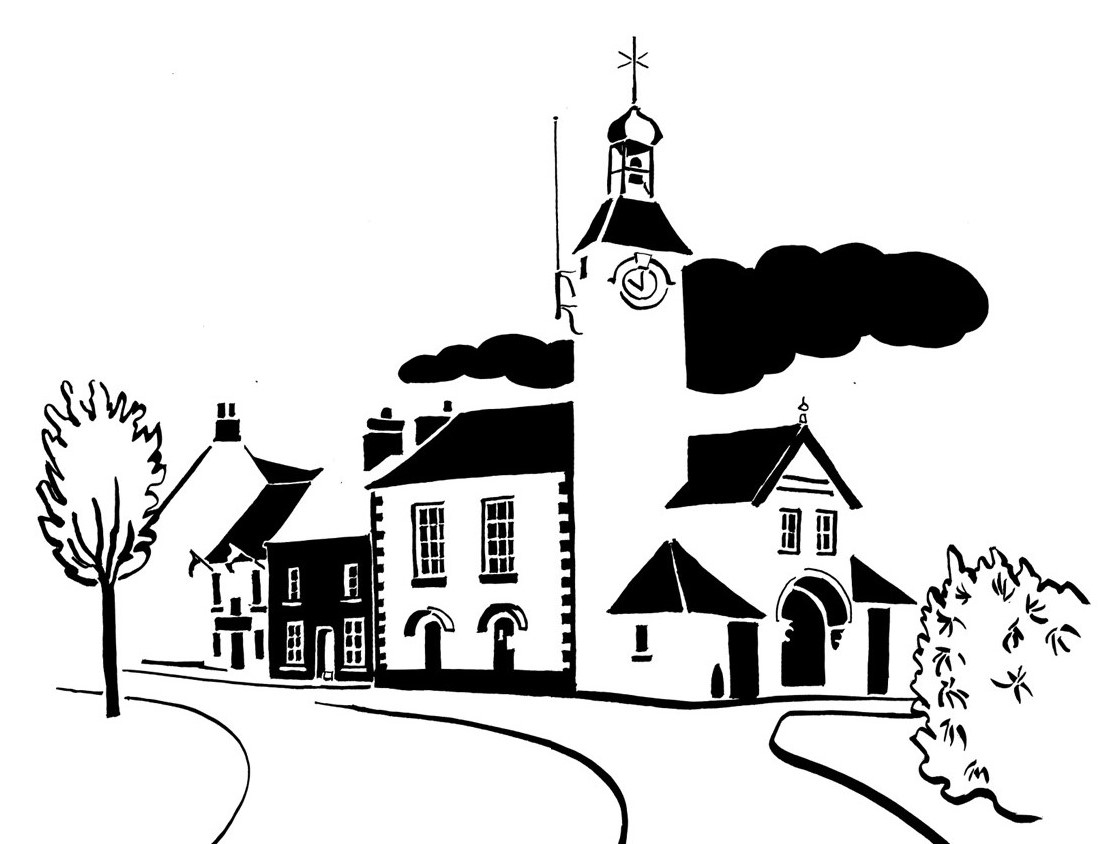 Black and white image of town hall with eccentrically shaped tower