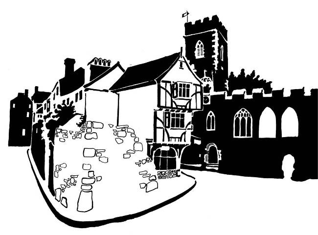 Black and white image of half-timbered house and adjoining medieval church