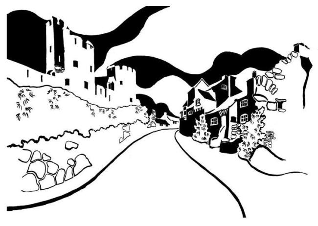 Black and white image of castle with old stone houses opposite